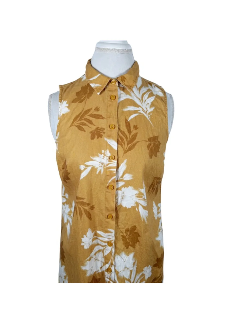 Garnet Hill Ochre Floral Sleeveless European Flax Linen Shirtdress Beachy size 6 - Picture 3 of 10